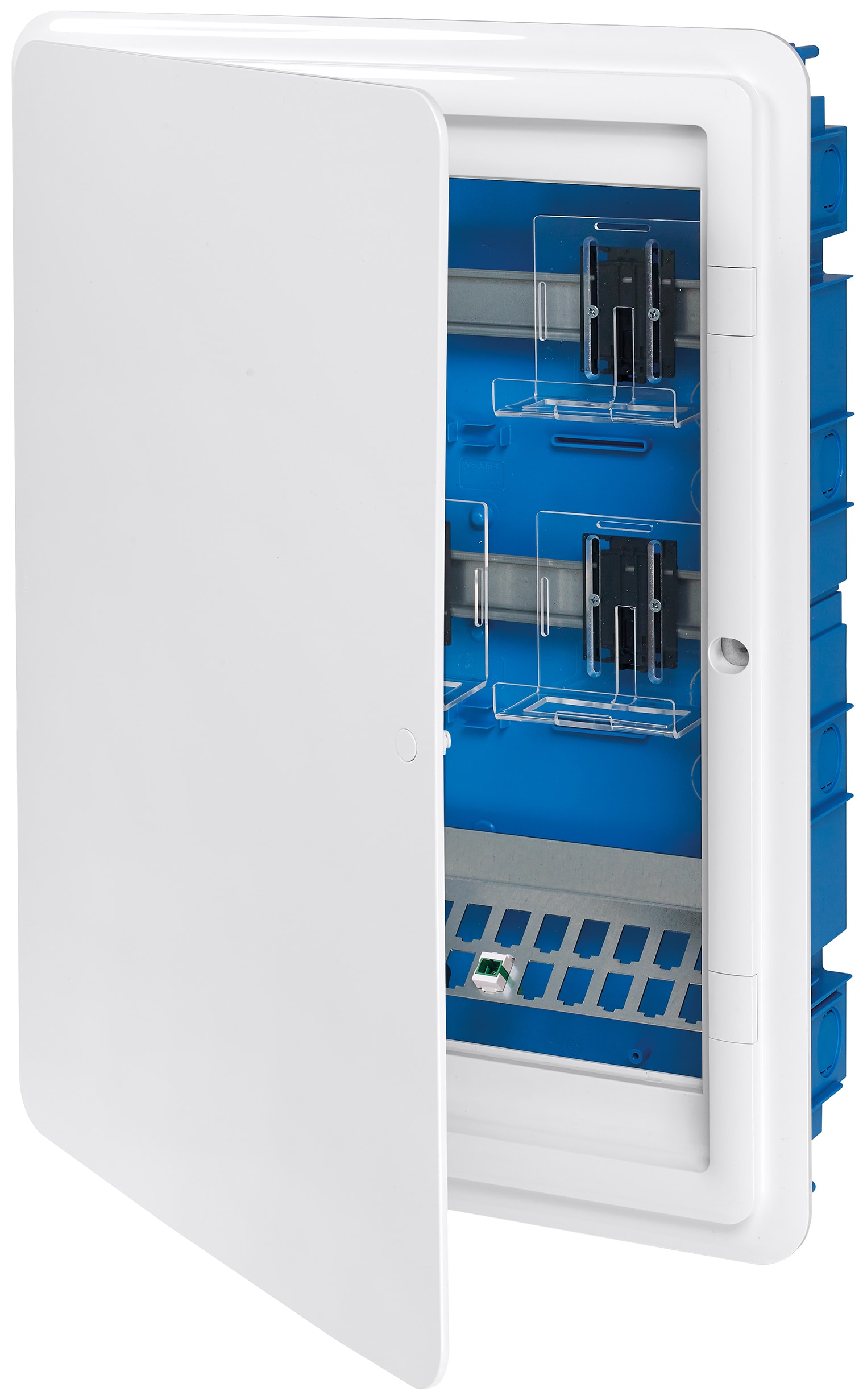 VIMAR - Centralino 54M QDSA, quadro distribuzione segnali con scatola incasso, telaio bianco, supporto 16 connettori RJ45, presa multipla cablata.
