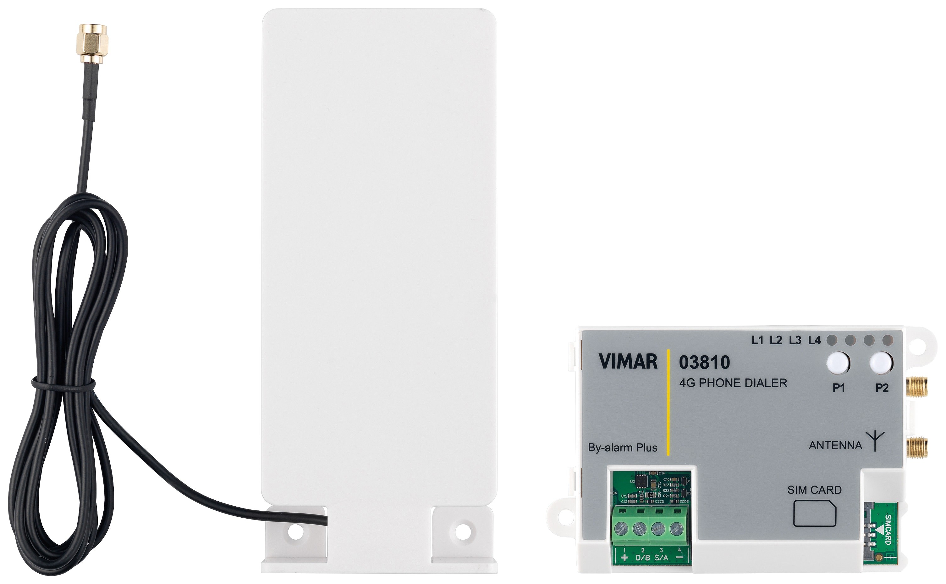 VIMAR - By-alarm Plus modulo comunicatore GSM configurabile per SMS, messaggi vocali, notifiche SIA-IP, contenitore plastico non protetto.