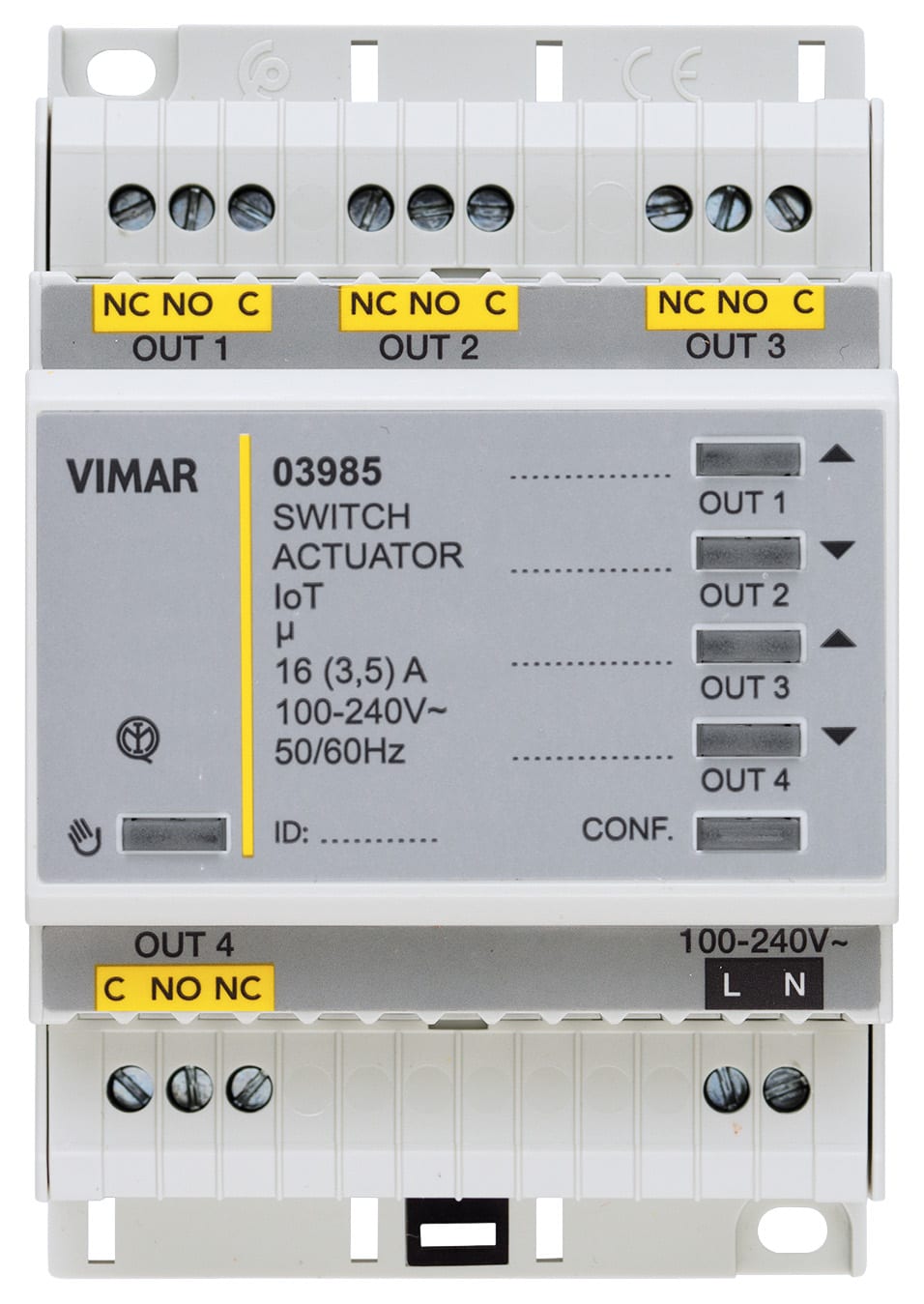 VIMAR - Attuatore multifunzione 4 uscite relè IoT, comando elettronico VIEW Wireless, 16 A 240 V, NO/NC, Bluetooth 5.0, Zigbee 3.0, guida DIN.