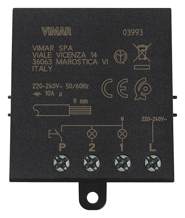 VIMAR - Modulo Relè Magnetico Sequenziale On/Off 10A 220-240V~ 50/60Hz con 1 Ingresso Pulsante e 2 Uscite Relè 03993