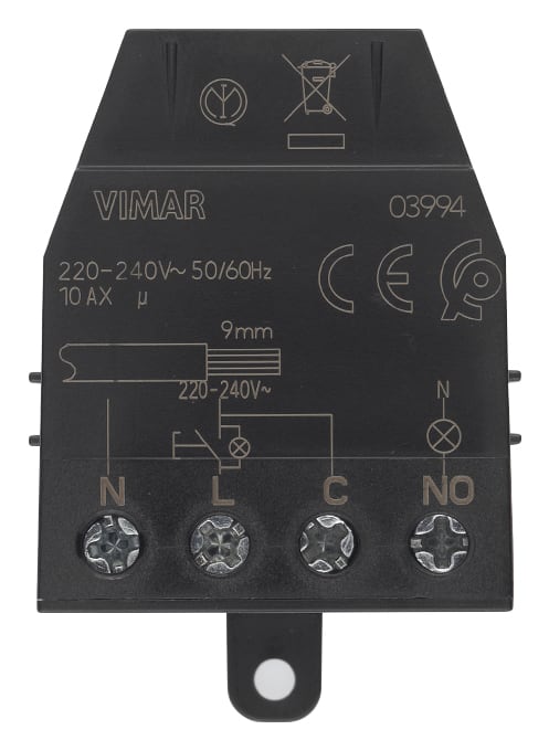 VIMAR - Modulo relé 4 morsetti impulsi Quid 10AX, magnetico ad impulsi sequenziali ON/OFF, 1 ingresso NO su fase o neutro, 1 uscita relé NO 10AX 220-240V.