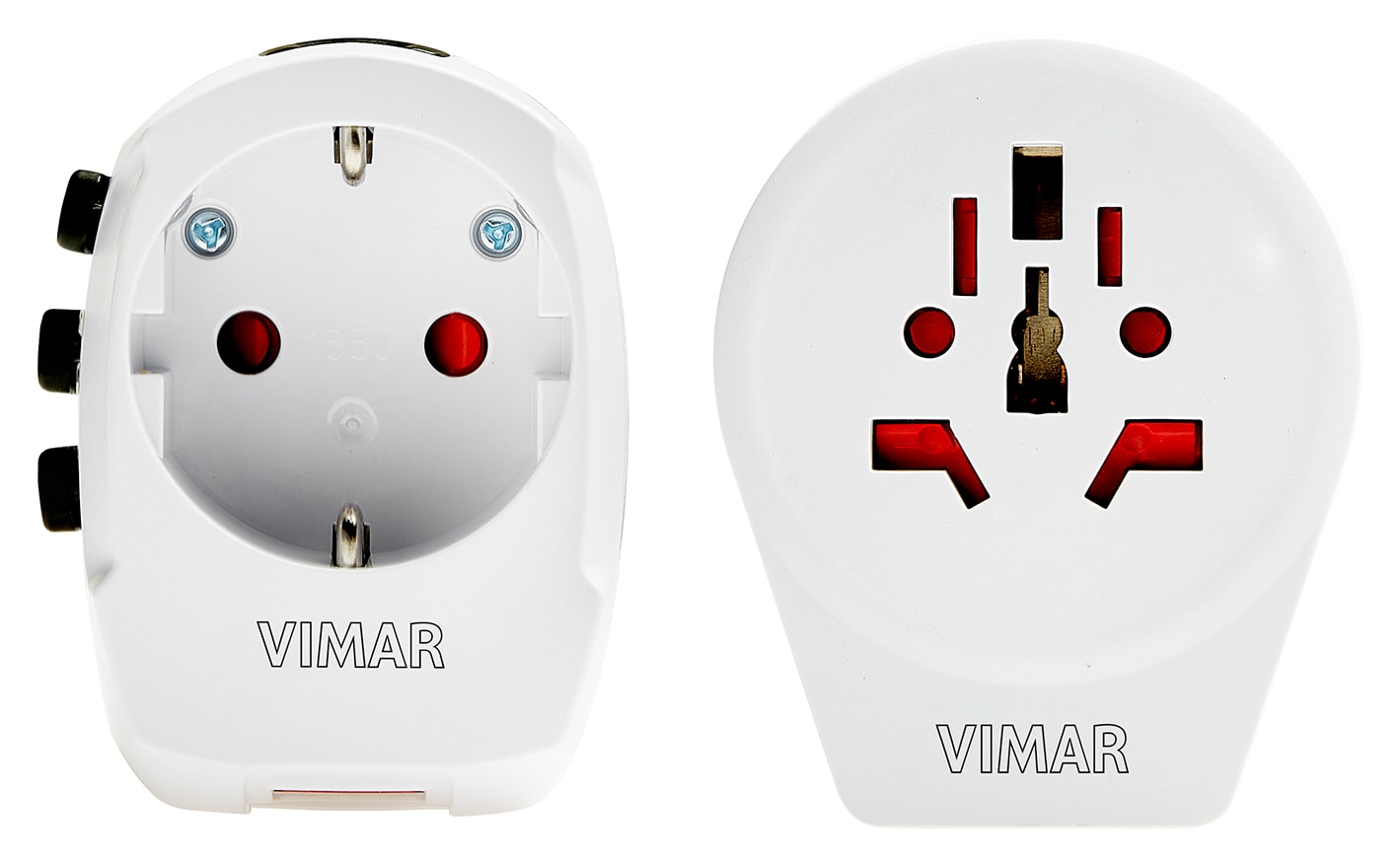 VIMAR - Adattatore universale bianco 100-250 V 50/60 Hz 6,3 A con 3 spine selezionabili e 2 uscite USB 12 W 2,4 A 5 V, fusibile integrato.