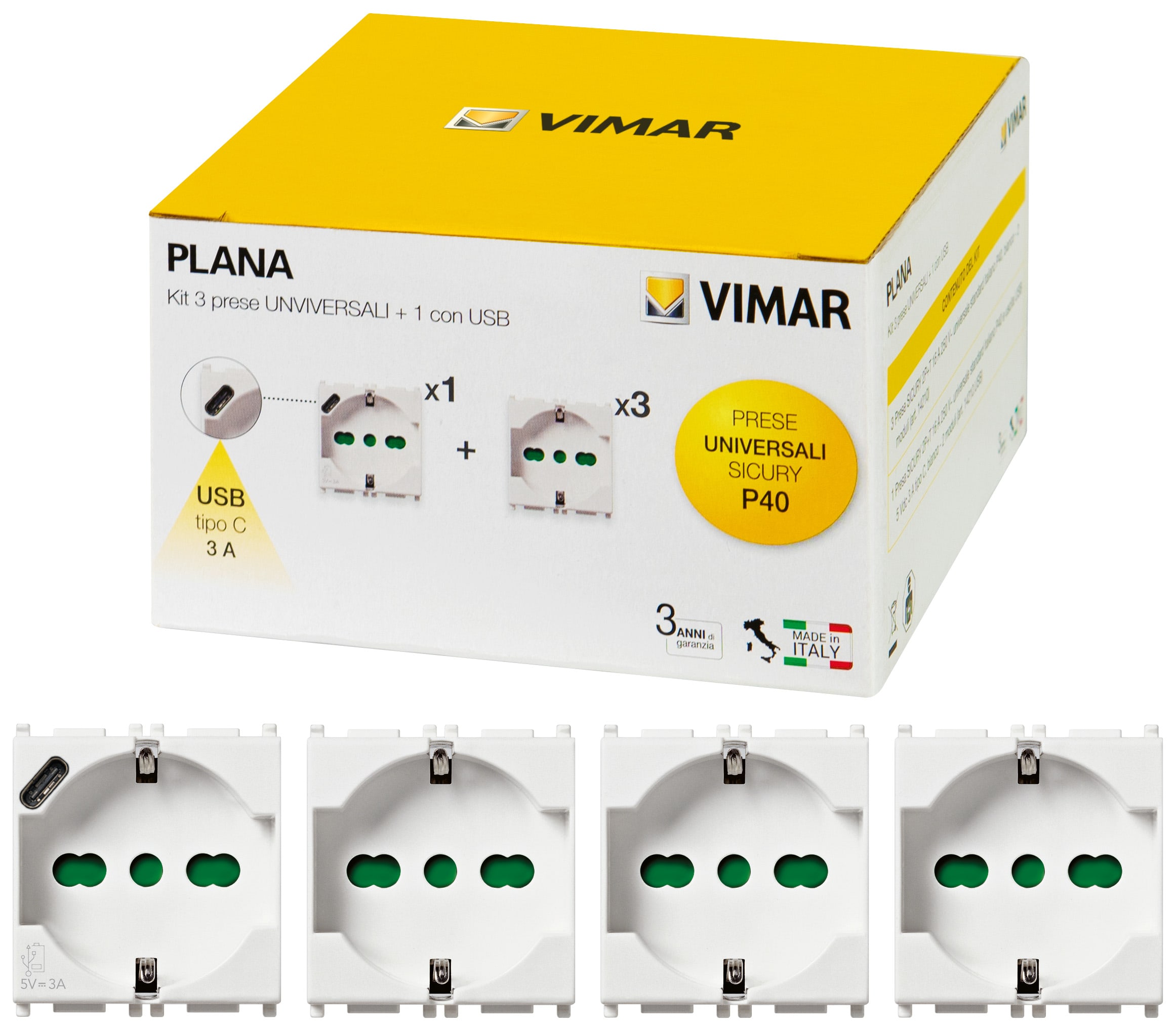 VIMAR - Kit Plana 3 prese sicury 2P+T 16A 250V universale P40 bianco, 1 presa sicury P40 con USB 15W 3A 5V tipo C bianco.