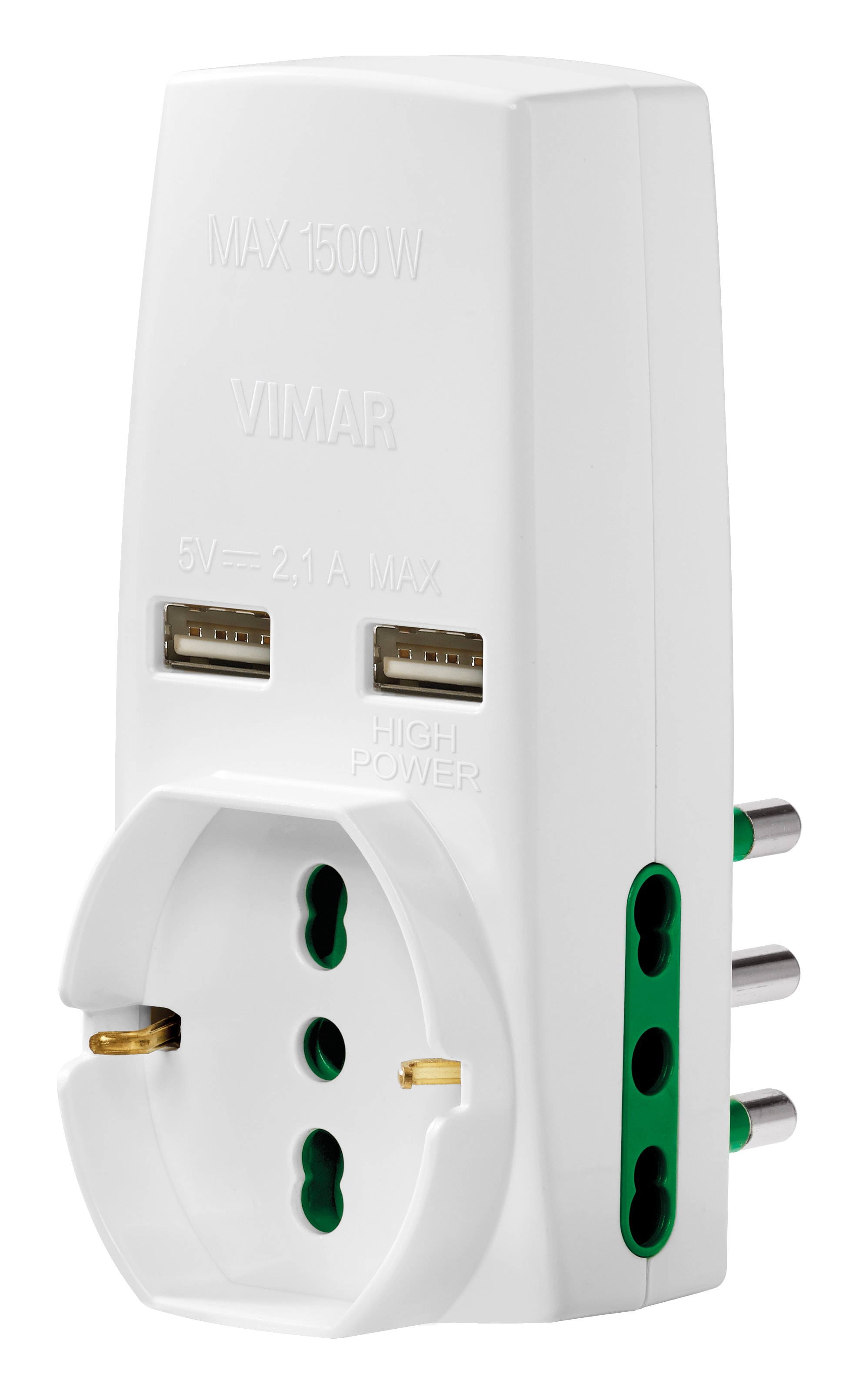 VIMAR - Adattatore bianco S17+2P17/11+univ. 2 USB, 230 V, max 1500 W, spina 2P+T 16 A, 2 prese 2P+T 16 A, 1 presa universale, 2 USB 5 Vdc 2,1 A.