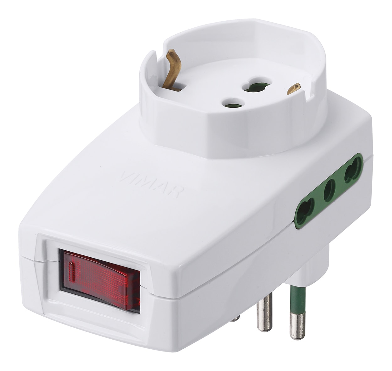 VIMAR - Adattatore multiplo SICURY 250 V sfalsato verticale, spina 2P+T 10 A S11, due prese 2P+T 16 A P17/11, una presa 2P+T 16 A universale, interruttore 10 A, 2500 W, bianco. 0P00334.B