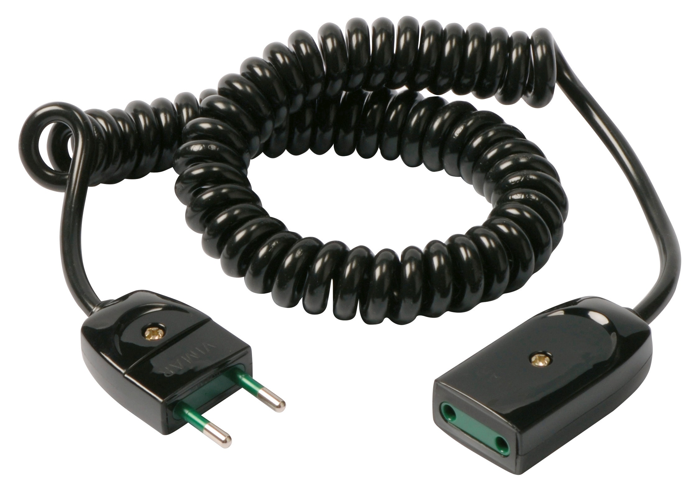 VIMAR - Cavo prolunga estensibile 3m nero, 2x0,75 mm2 H05VVH8-F, spina 2P 10A 250V, presa SICURY 2P 10A 250V, max 1300W, per apparecchi classe II.