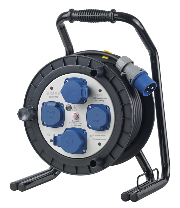 VIMAR - Avvolgicavo industriale 16A 4 uscite 15m con disgiuntore termico, IP44, 2 prese industriali, 2 prese SICURY, cavo 15m, max 3600W.