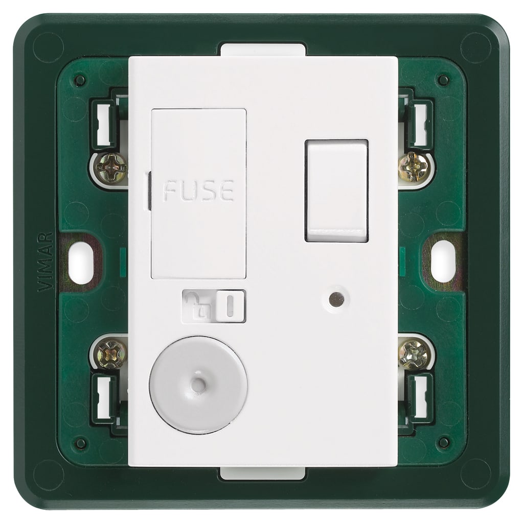 VIMAR - Unità di connessione 13A 250V con interruttore 2P, uscita cavo, fusibile, supporto per scatole BS, da completare con placca 3 moduli, bianco.
