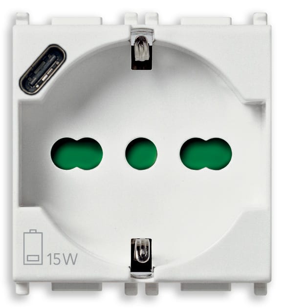 VIMAR - Presa Universale con USB C Bianco Sicury Standard Italiano 16A 250V 15W 3A 5V 1 Uscita Tipo C 2 Moduli