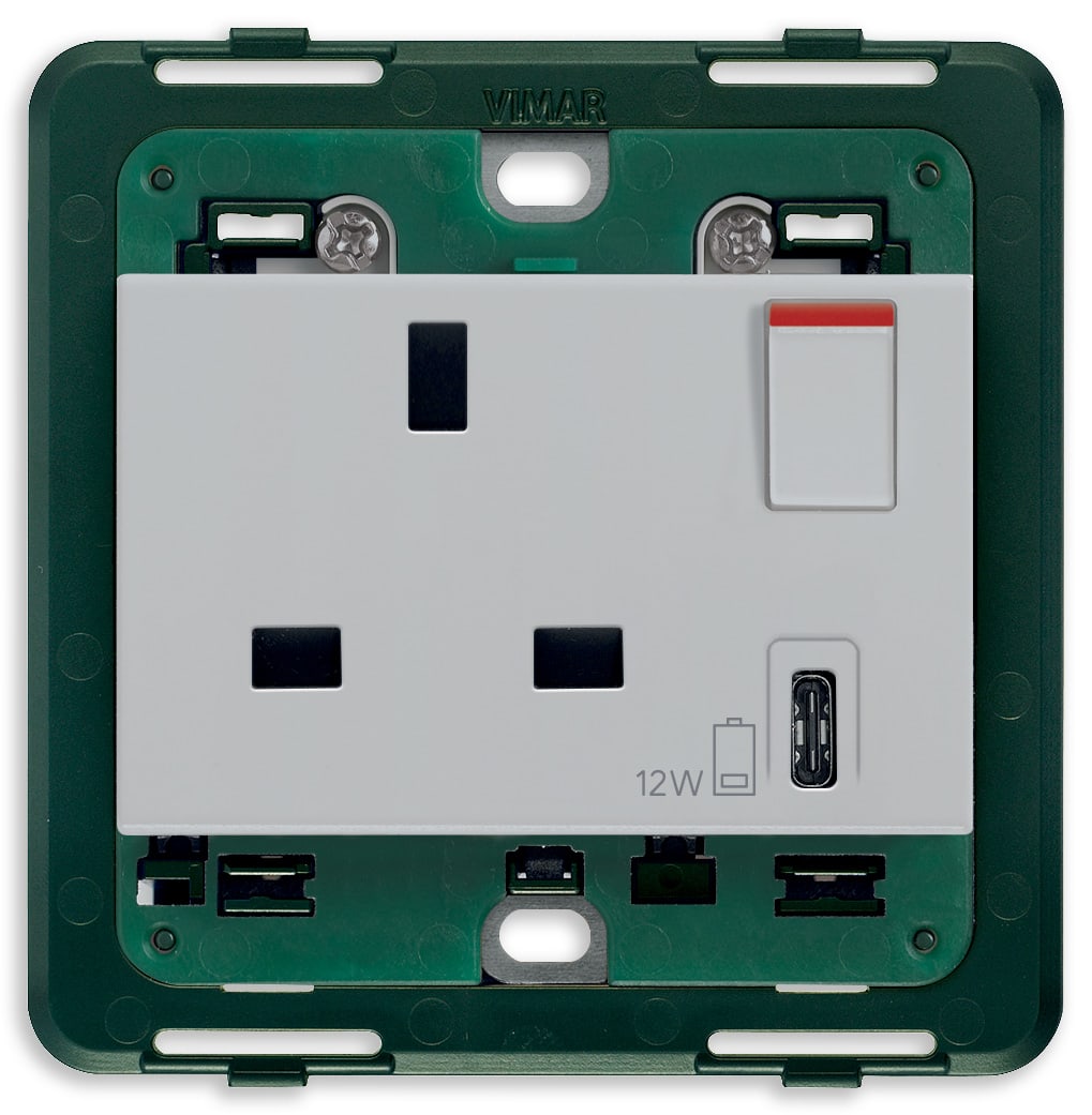 VIMAR - PRESA 2P+T 13A BS+INT.ROSSO+USB C SILVER 14223.C.SL
