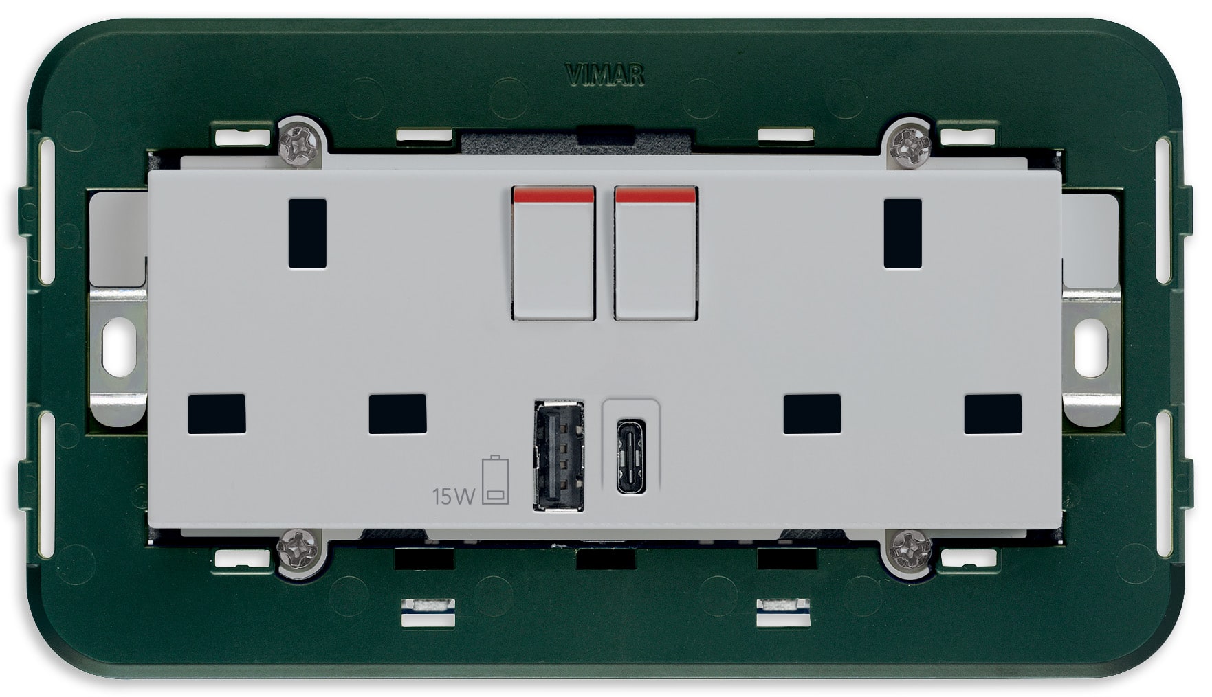 VIMAR - 2PRESE 2P+T13ABS+INT.ROSSO+USBA+C SILVER