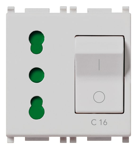 VIMAR - Presa 2P+T 16A P17/11 Interbloccata con Interruttore Automatico Magnetotermico C16 Silver - Sicury Standard Italiano 230V 50Hz 3000A 2 Moduli 14273.SL