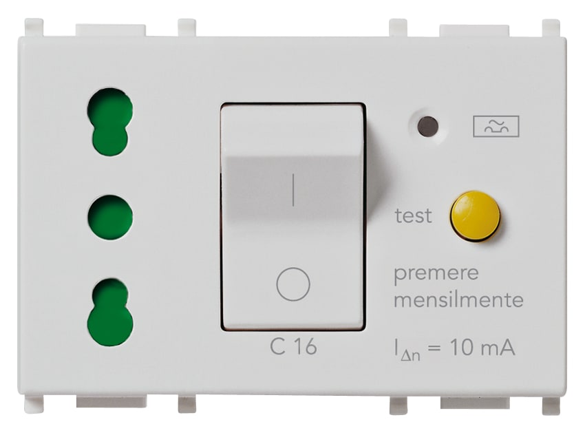 VIMAR - Presa 2P+T 16A P17/11 interbloccata con interruttore magnetotermico differenziale 1P+N C 16, 230 V 50 Hz, 10 mA, 3000 A, Silver, 3 moduli.