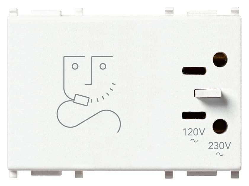 VIMAR - Presa per rasoio bianco 230V con trasformatore d'isolamento 20 VA, uscita 120V per spine americane e 230V per eurospine, 3 moduli.