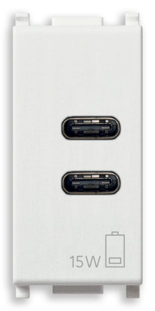 VIMAR - Alimentatore USB C+C 15W 3A 5V bianco, 2 uscite USB C per caricare fino a 3A, alimentazione 120-240V 50/60Hz, 1 modulo.