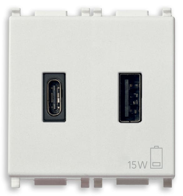 VIMAR - Alimentatore USB 15W 3A 5V Bianco per Tablet e Smartphone con Uscita Tipo A e Tipo C 14295.AC