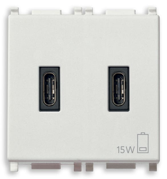 VIMAR - Alimentatore USB C 15W 3A 5V bianco, 2 uscite USB C per caricare fino a 3A o 2 dispositivi, alimentazione 120-240V 50/60Hz, cavo 2m.