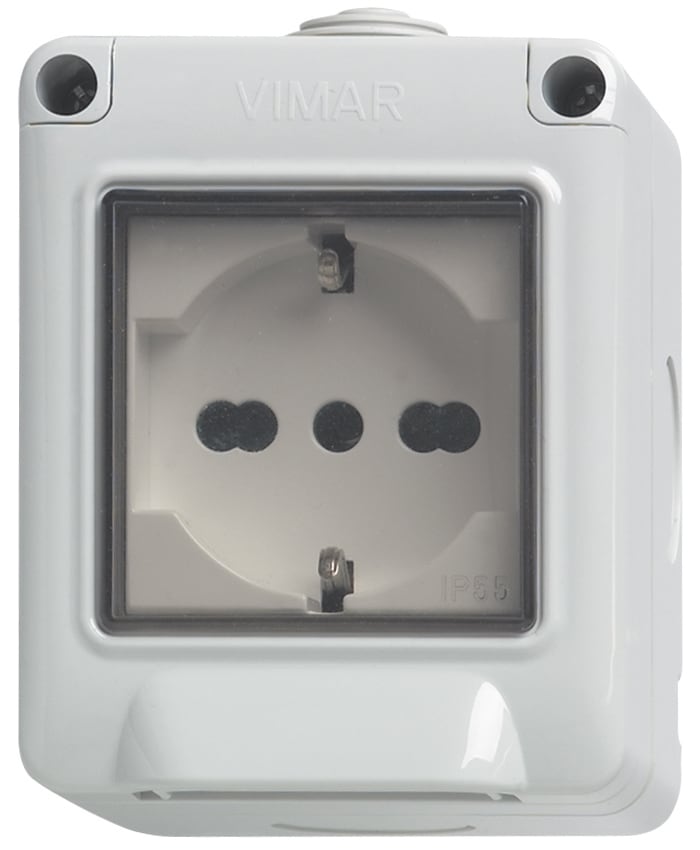 VIMAR - Plana Contenitore IP55 con Presa Sicury 2P+T 16A 250V~ Bianco - 2 Moduli Universale Standard Italiano P40 Da Parete 14902.U