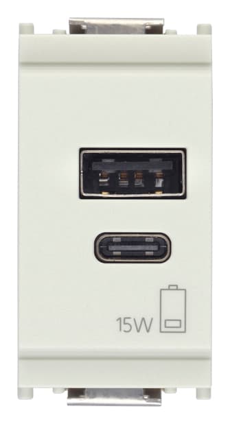 VIMAR - Alimentatore USB 15W 3A 5V, 1 uscita A e 1 uscita C, carica dispositivi fino a 3A, alimentazione 120-240V 50/60Hz, bianco, 1 modulo.