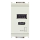 VIMAR - Alimentatore USB 15W 3A 5V, 1 uscita A e 1 uscita C, carica dispositivi fino a 3A, alimentazione 120-240V 50/60Hz, bianco, 1 modulo.