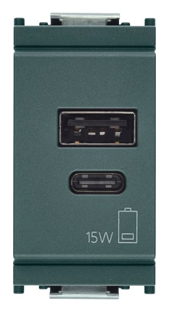 VIMAR - Alimentatore USB 15W 5V 3A, 1 uscita tipo A e 1 tipo C, carica dispositivi fino a 3A, alimentazione 120-240V 50/60Hz, grigio, cavo 1m. 16292.AC.15
