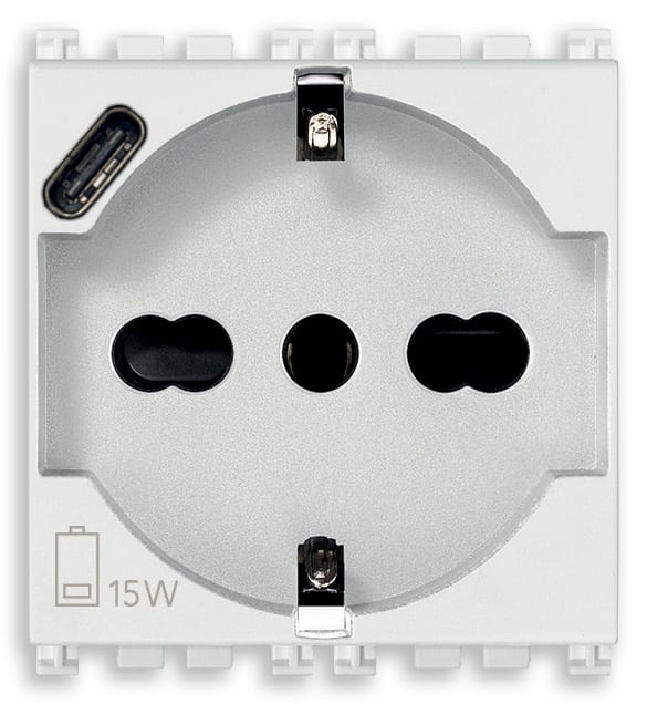 VIMAR - Presa Universale con USB C Bianco Sicury Standard Italiano 16A 250V 15W 3A 5V 1 Uscita Elettronici 2 Moduli