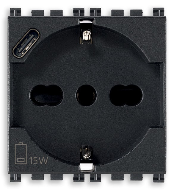 VIMAR - Presa Universale con USB C Grigio Sicury Standard Italiano P40 16A 250V~ 15W 3A 5V 1 Uscita Tipo C Dispositivi Elettronici 2 Moduli