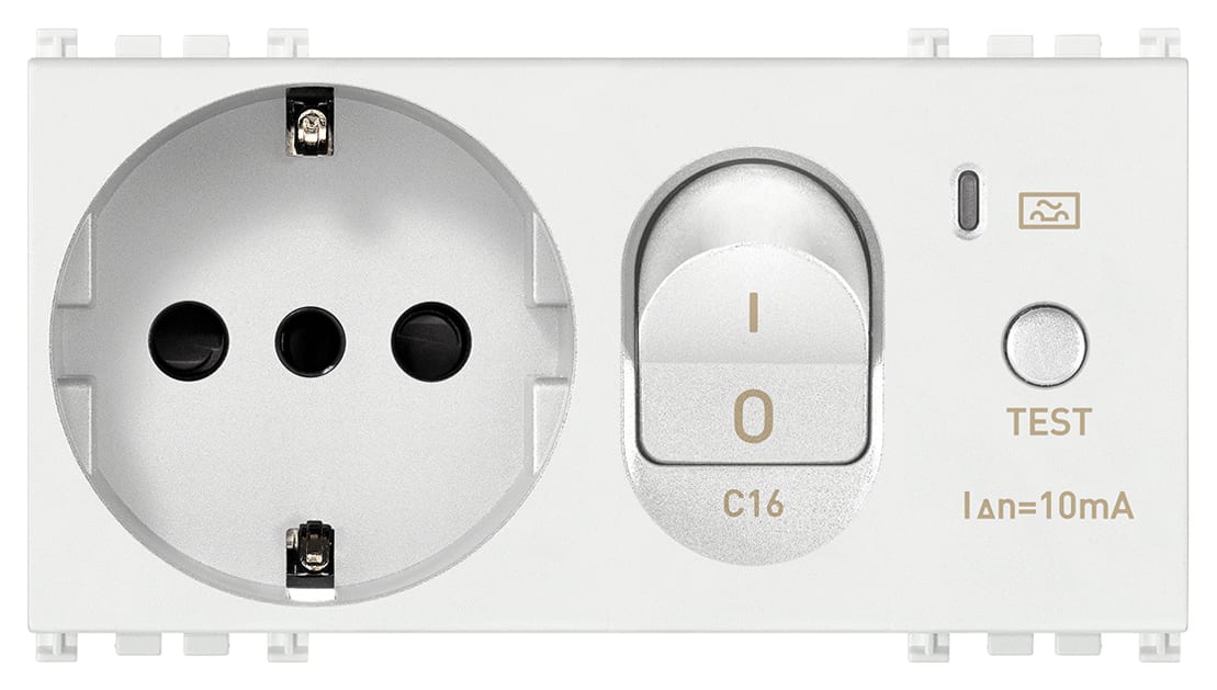 VIMAR - Presa Sicury 2P+T 16A Standard Italiano con Interruttore Magnetotermico Differenziale 1P+N C 16, 230V, 50Hz, 10mA, P.I. 3000A - Bianco, 4 Moduli 19286.B