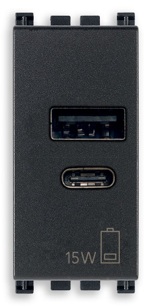 VIMAR - Alimentatore USB 15W 5V con 1 uscita tipo A e 1 tipo C, carica fino a 3A, antibatterico, grigio, 120-240V, 50/60Hz, 1 modulo. 19292.AC15AB