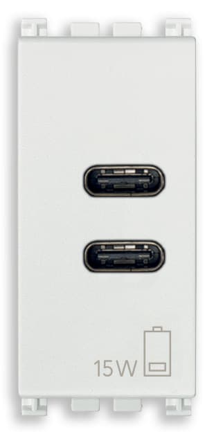 VIMAR - Alimentatore USB C+C 15W 3A 5V bianco, 2 uscite USB C per caricare fino a 3A o 2 dispositivi, alimentazione 120-240V 50/60Hz, 1 modulo.