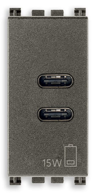 VIMAR - Alimentatore USB C 15W 3A 5V Metal - 2 Uscite Tipo C per Caricare Dispositivi Elettronici Fino a 3A - 1 Modulo 19292.CC.M