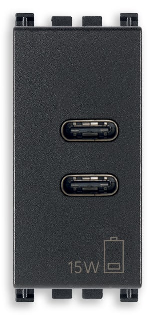 VIMAR - Alimentatore USB 15W 3A 5V Grigio - 2 Uscite Tipo C per Caricare Dispositivi Elettronici Fino a 3A - Alimentazione 120-240V 50/60Hz 19292.CC