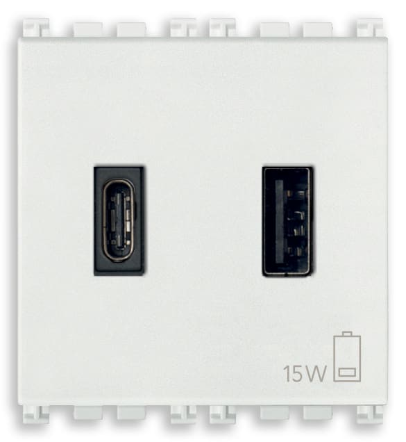 VIMAR - Alimentatore USB 15W 3A 5V con Uscita Tipo A e C per Caricare 2 Dispositivi Contemporaneamente, Materiale Antibatterico Bianco 19295.AC.AB.B