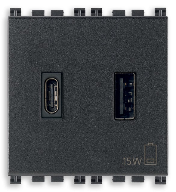 VIMAR - Alimentatore USB 15W 3A 5V con 2 Uscite per Caricare Tablet e Smartphone contemporaneamente, Materiale Antibatterico Grigio