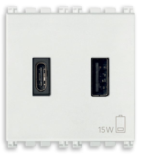 VIMAR - Alimentatore USB 15W 3A 5V Bianco per Tablet e Smartphone con Uscita Tipo A e Tipo C 19295.AC.B