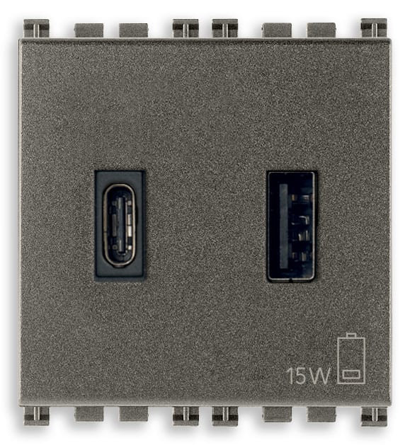 VIMAR - Alimentatore USB 15W 3A 5V Metal - Per Tablet e Smartphone, 2 Uscite USB A e C, Carica 2 Dispositivi Contemporaneamente