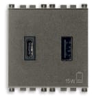 VIMAR - Alimentatore USB 15W 3A 5V Metal - Per Tablet e Smartphone, 2 Uscite USB A e C, Carica 2 Dispositivi Contemporaneamente