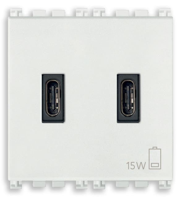 VIMAR - Alimentatore USB C 15W 3A 5V bianco, 2 uscite USB C per caricare un dispositivo fino a 3A o 2 dispositivi, alimentazione 120-240V 50/60Hz, 2 moduli.