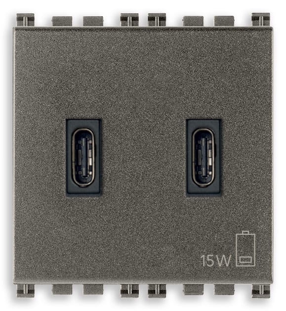VIMAR - Alimentatore USB Tipo C 15W 3A 5V Metal - 2 Uscite Ottimizzate per Caricare Dispositivi Elettronici 19295.CC.M