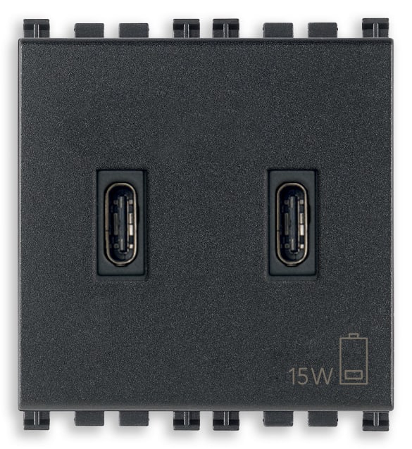 VIMAR - Alimentatore USB C+C 15W 3A 5V grigio, 2 uscite USB C per caricare fino a 3A, alimentazione 120-240V 50/60Hz, cavo 2m, 2 moduli.