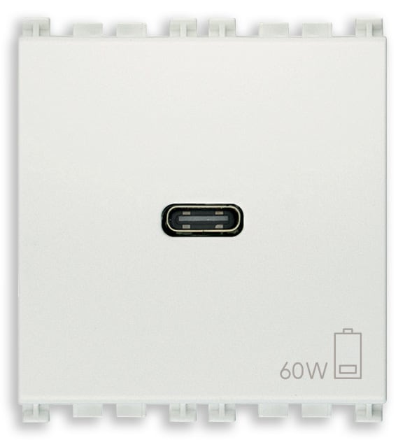 VIMAR - Alimentatore USB C 60W PD bianco per notebook, tablet, smartphone, fotocamere, 1 uscita USB C, Power Delivery, 120-240 V~ 50/60 Hz, 2 moduli.