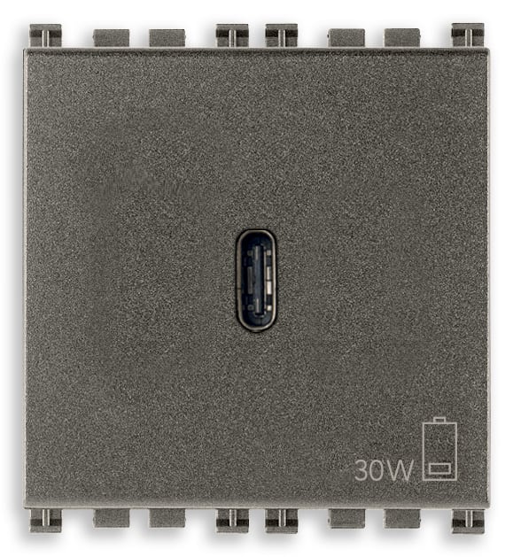 VIMAR - Alimentatore USB C 30W PD metal per notebook, tablet, smartphone, fotocamere, 1 uscita USB C, Power Delivery, 120-240 V 50/60 Hz, 2 moduli.