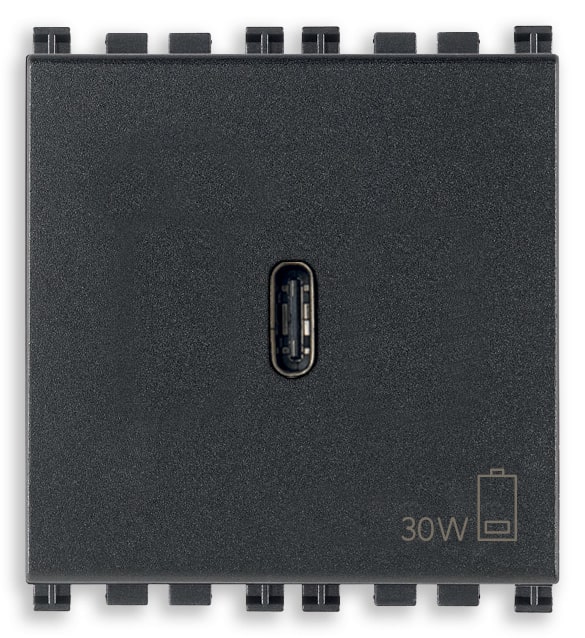 VIMAR - Alimentatore USB C 30W PD grigio per notebook, tablet, smartphone, fotocamere, 1 uscita USB C, Power Delivery, 120-240 V~ 50/60 Hz, 2 moduli.