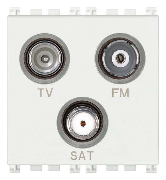 VIMAR - Presa TV-FM-SAT diretta 3 uscite bianco, coassiale 5-2400 MHz, demiscelata, attenuazione 1 dB, passaggio corrente continua e segnali 24 V 500 mA max.