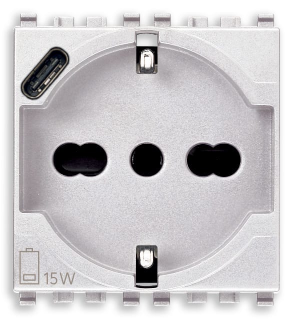 VIMAR - Presa Universale con USB C Bianco Sicury Standard Italiano 16A 250V 15W 3A 5V 1 Uscita Tipo C Dispositivi Elettronici 2 Moduli 20210.USB.B
