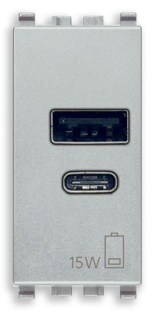 VIMAR - Alimentatore USB 15W 5V con 1 uscita tipo A e 1 tipo C, carica fino a 3A, alimentazione 120-240V 50/60Hz, Next, 1 modulo. 20292.AC.15.N