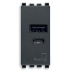 VIMAR - Alimentatore USB 15W 5V grigio, 1 uscita USB A e 1 USB C, carica dispositivi fino a 3A, alimentazione 120-240V 50/60Hz, 1 modulo.