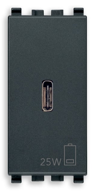 VIMAR - Alimentatore USB-C PD 25W Grigio - Per Notebook, Tablet, Smartphone, Fotocamere - Uscita USB Tipo C - Tecnologia Power Delivery - 120-240V 50/60Hz 20292.C.25