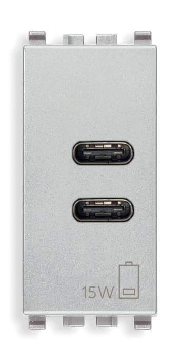 VIMAR - Alimentatore USB C 15W 3A 5V 1M Next, 2 uscite USB C per caricare fino a 3A, alimentazione 120-240V 50/60Hz, 1 modulo. 20292.CC.N