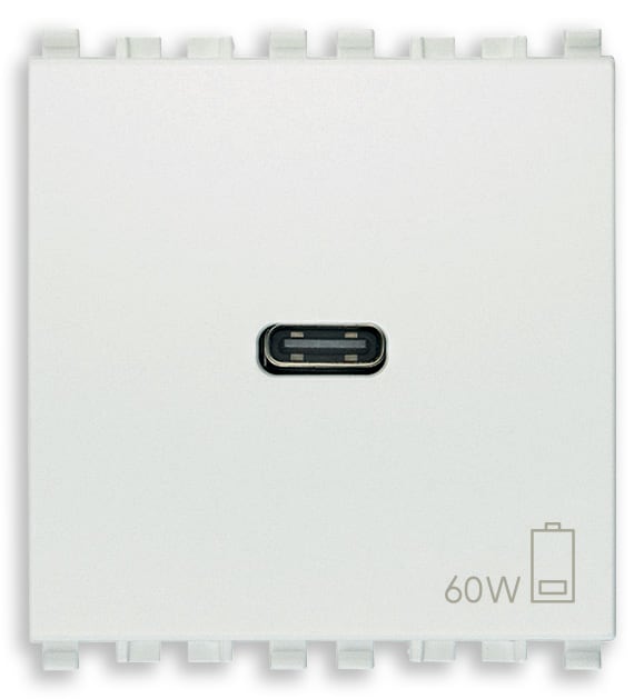 VIMAR - Alimentatore USB C 60W PD bianco per notebook, tablet, smartphone, fotocamere, 1 uscita USB C, Power Delivery, 120-240 V~ 50/60 Hz, 2 moduli.